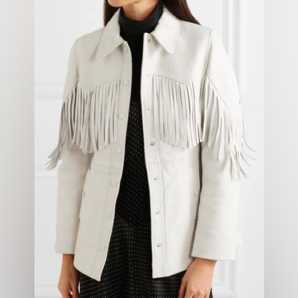Ganni White Leather Fringe Jacket